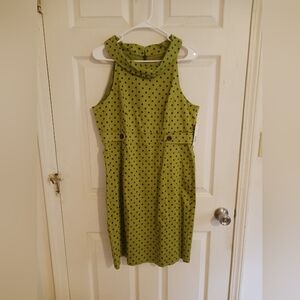 Kim Rogers Lime Green Zip Up Dress With Brown Polka‎ Dots Size 14
